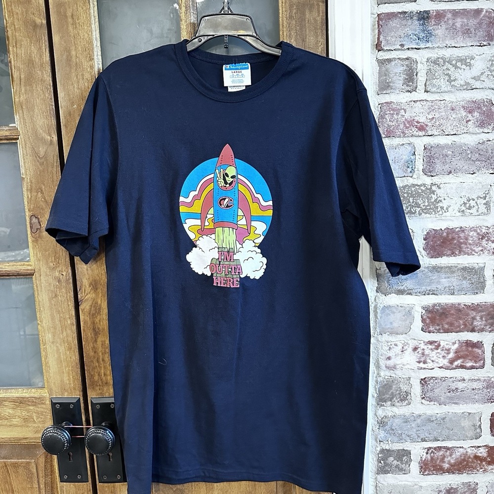 Champion Graphic T-Shirt Mens Navy Alien Rocket I'm‎ Outta Here Indie Large
